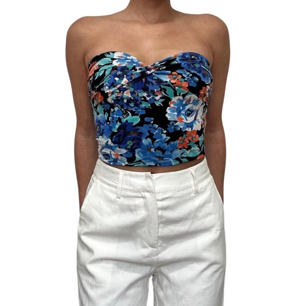 Ambiance Apparel Floral Strapless Crop Top - Blue and Black